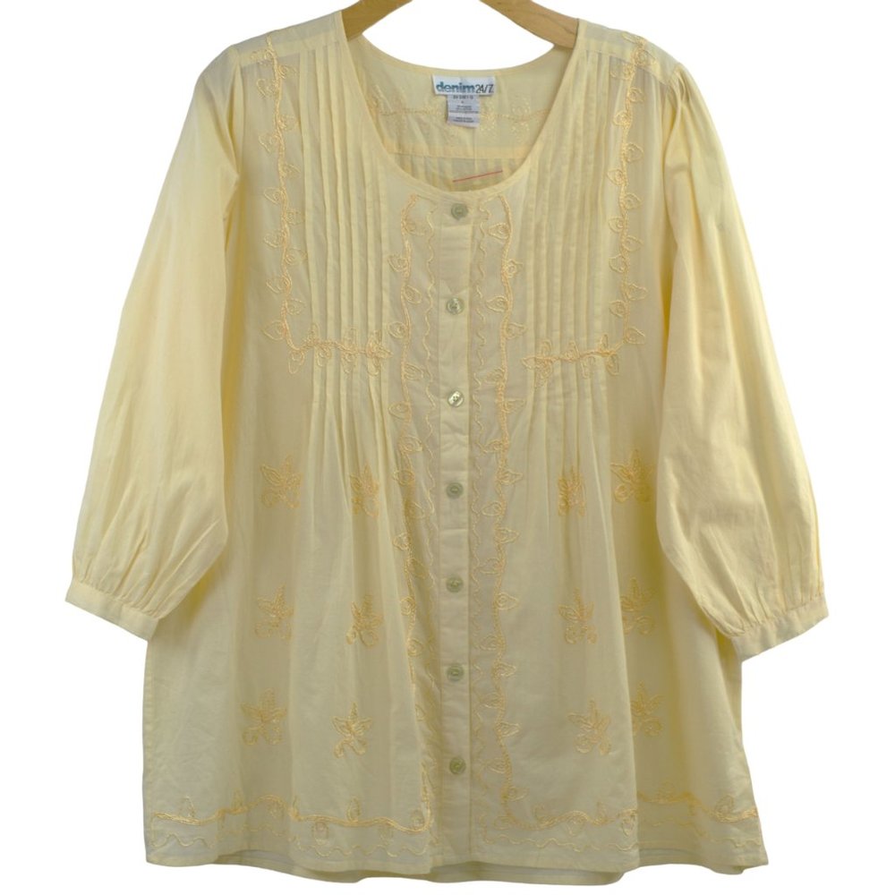 DENIM 24/7 Blouse Size LARGE L Embroidered Top Button Down Long Sleeve Shirt